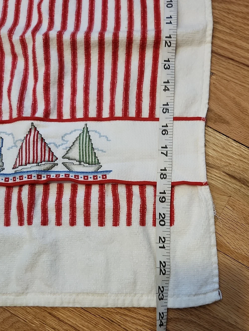 Cross Stitch Embroidered Sailboat Themed Red White Stripe 100% Cotton Dish Towel